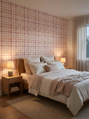 Pink bow plaid wallpaper in a bedroom.