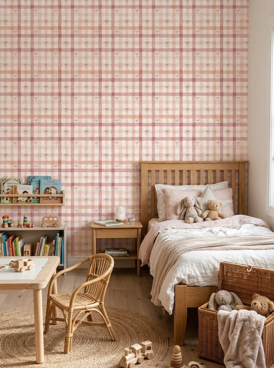 Pink bow plaid wallpaper in a kids’ bedroom.