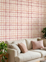 Pink bow plaid wallpaper in a living room.