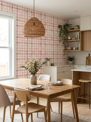 Pink bow plaid wallpaper in a breakfast nook.