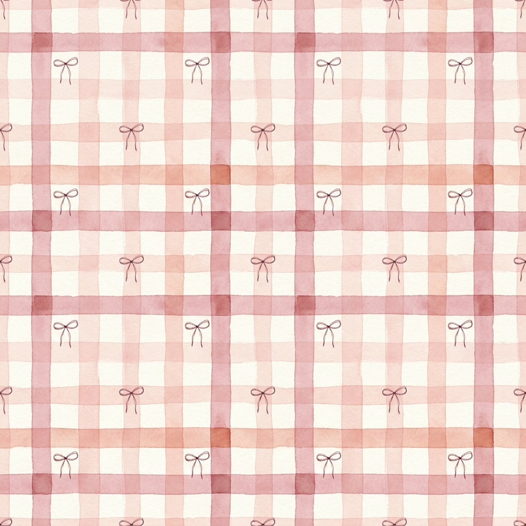 Pink bow plaid wallpaper with a watercolour pink check and tiny dark bows on a cream background.