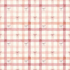 Pink bow plaid wallpaper with a watercolour pink check and tiny dark bows on a cream background.