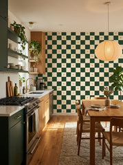 Green checkerboard wallpaper in a kitchen.