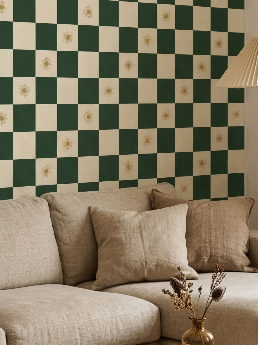 Green checkerboard wallpaper in a living room.
