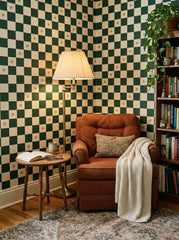 Green checkerboard wallpaper in a reading corner.