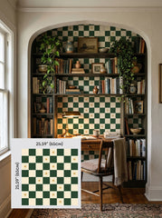 Green checkerboard wallpaper in a study nook, shown with a 65 cm (25.6 in) pattern sample.