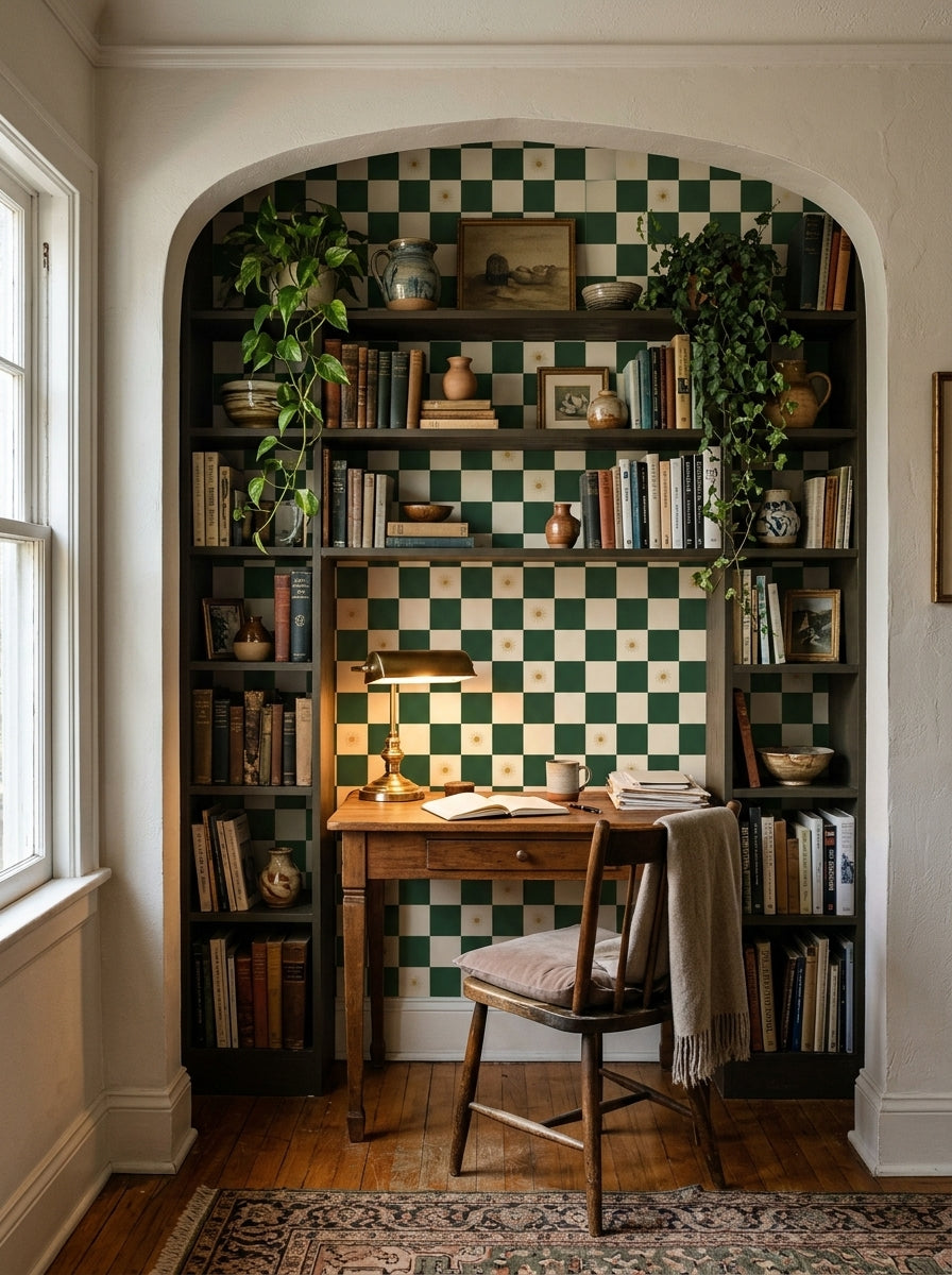 Green checkerboard wallpaper in a study nook.