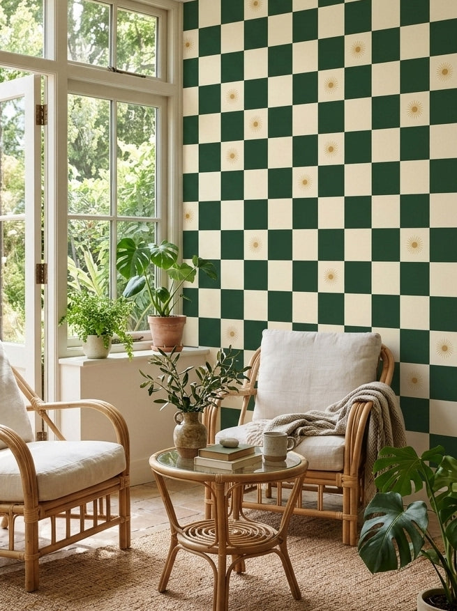 Green checkerboard wallpaper in a sunroom.