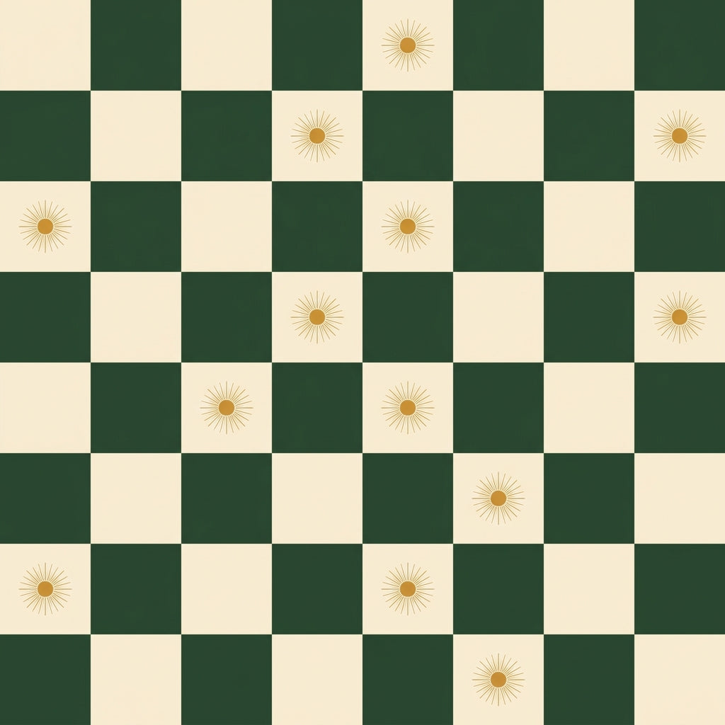 Green checkerboard wallpaper with dark green and cream squares and small gold sunbursts.