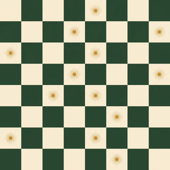 Green checkerboard wallpaper with dark green and cream squares and small gold sunbursts.