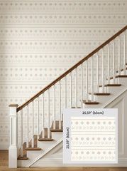 Boho stitch wallpaper on a staircase wall, shown with a 65 cm (25.6 in) pattern sample.