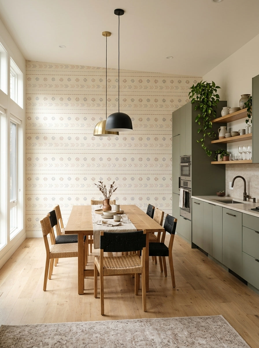 Boho stitch wallpaper in a breakfast nook.
