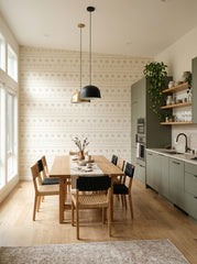 Boho stitch wallpaper in a breakfast nook.