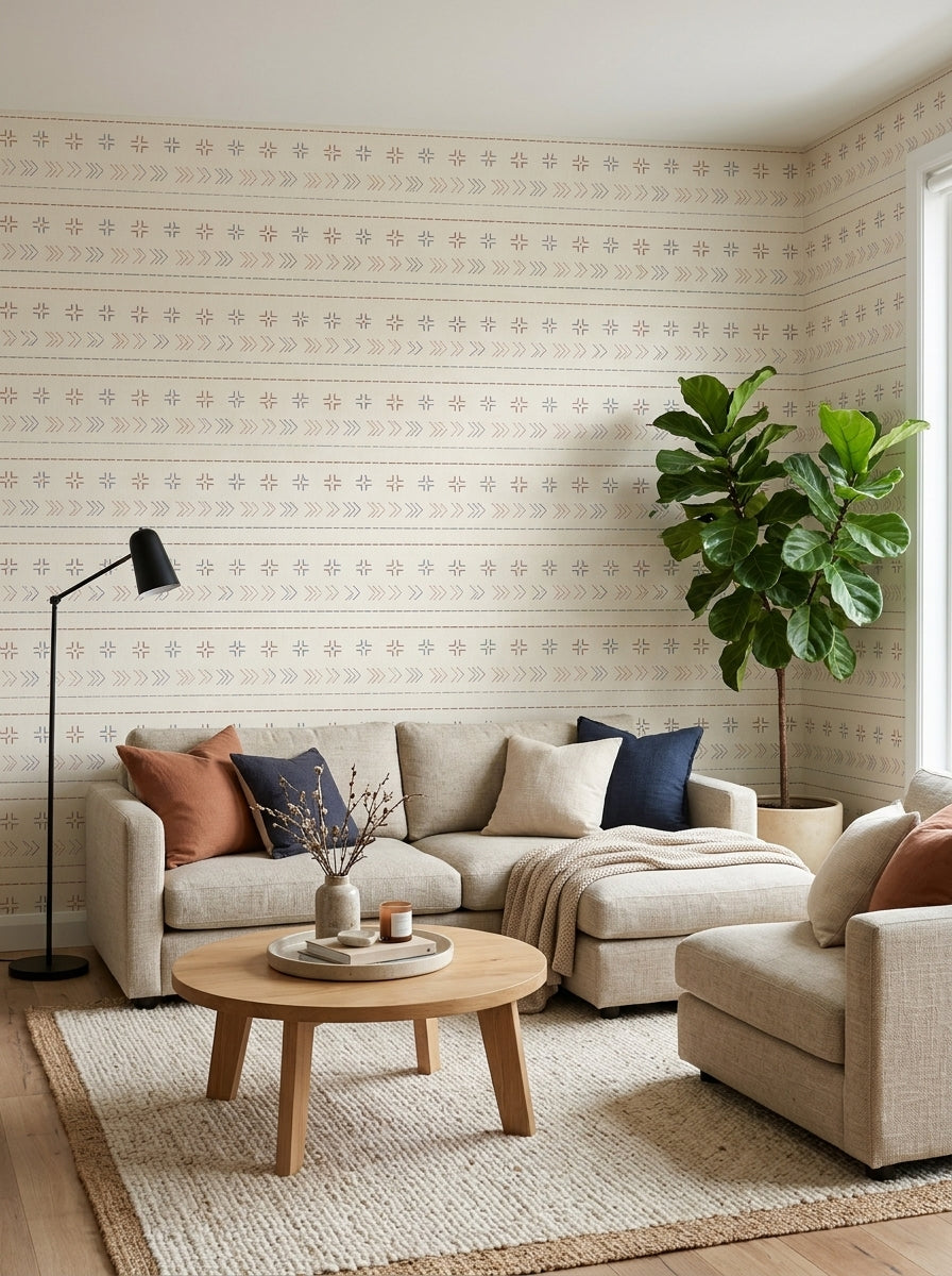 Boho stitch wallpaper in a living room.