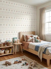 Boho stitch wallpaper in a kids’ bedroom.