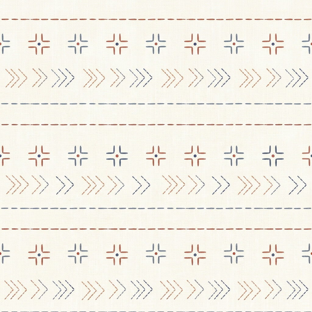 Boho stitch wallpaper with rows of small crosses, arrows and dashes in navy and terracotta on a cream background.