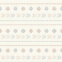 Boho stitch wallpaper with rows of small crosses, arrows and dashes in navy and terracotta on a cream background.