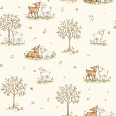 Lambs and apple trees wallpaper with small lambs, fawns and apple trees on a soft cream background.