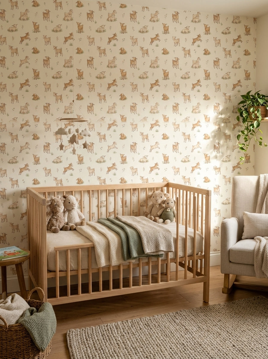 Baby goats wallpaper in a nursery.
