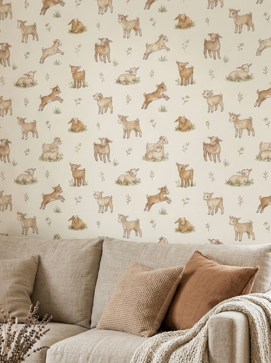 Baby goats wallpaper in a living room.