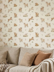 Baby goats wallpaper in a living room.