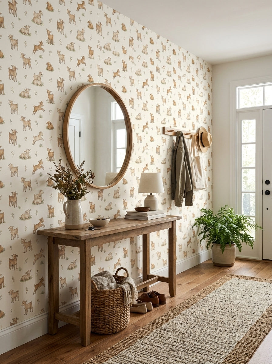 Baby goats wallpaper in an entryway.