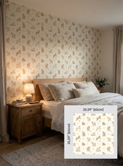 Baby goats wallpaper in a bedroom, shown with a 65 cm (25.6 in) pattern sample.