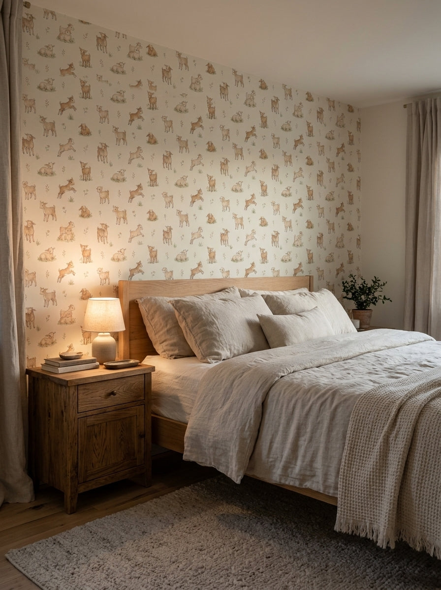 Baby goats wallpaper in a bedroom.