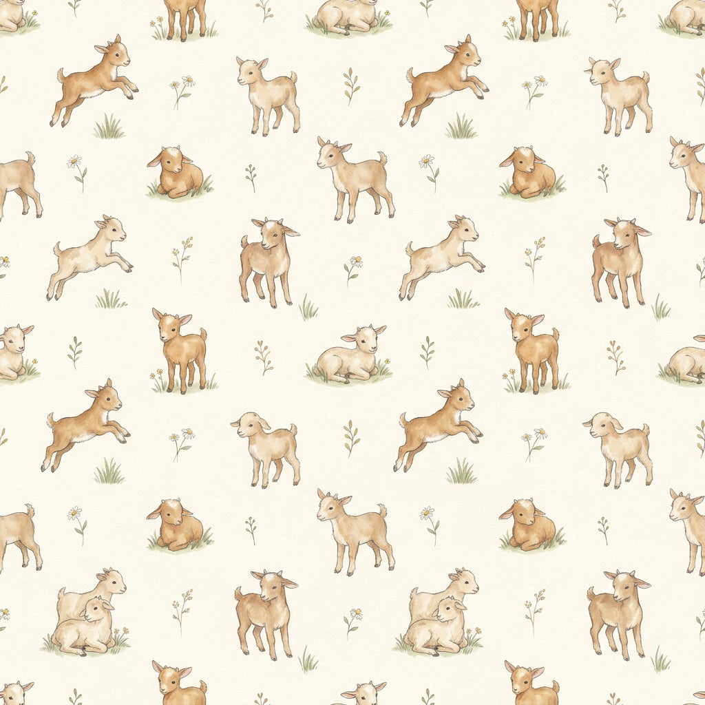 Baby goats wallpaper with watercolour kids leaping and resting among grass tufts on a cream background.
