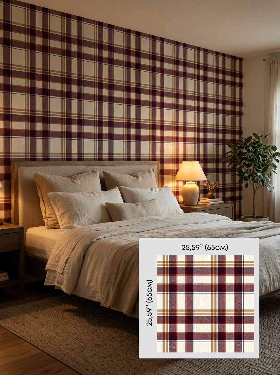 Burgundy plaid wallpaper in a bedroom, shown with a 65 cm (25.6 in) pattern sample.