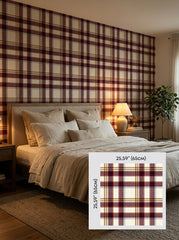 Burgundy plaid wallpaper in a bedroom, shown with a 65 cm (25.6 in) pattern sample.