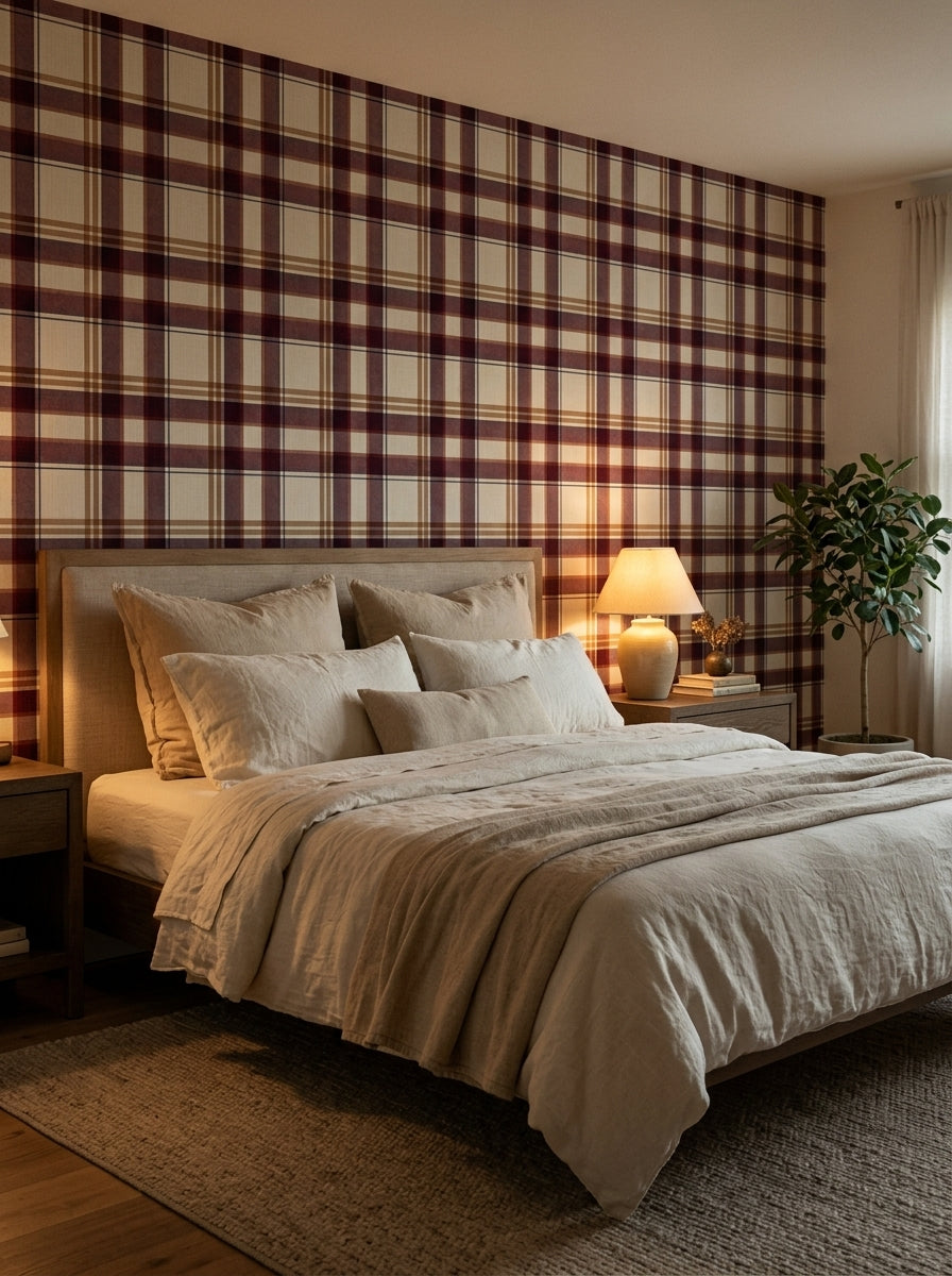 Burgundy plaid wallpaper in a bedroom.