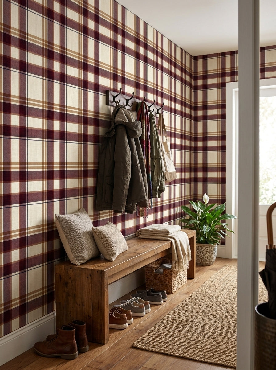 Burgundy plaid wallpaper in an entryway.
