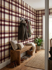 Burgundy plaid wallpaper in an entryway.