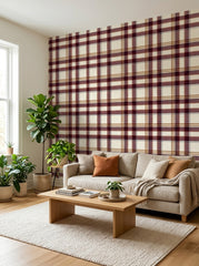 Burgundy plaid wallpaper in a living room.