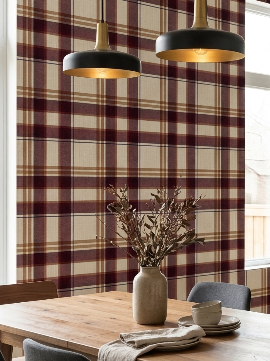 Burgundy plaid wallpaper in a dining area.