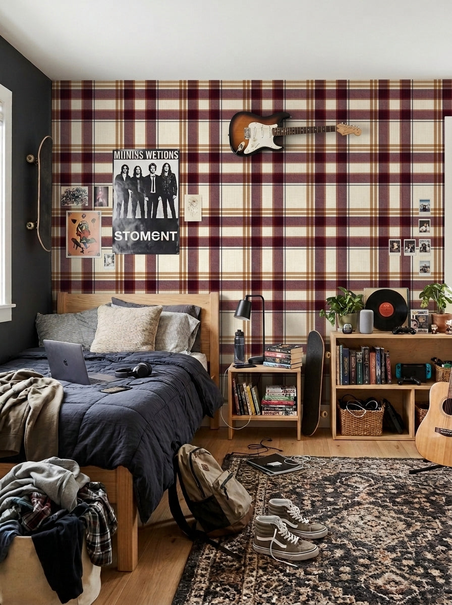 Burgundy plaid wallpaper in a teen room.