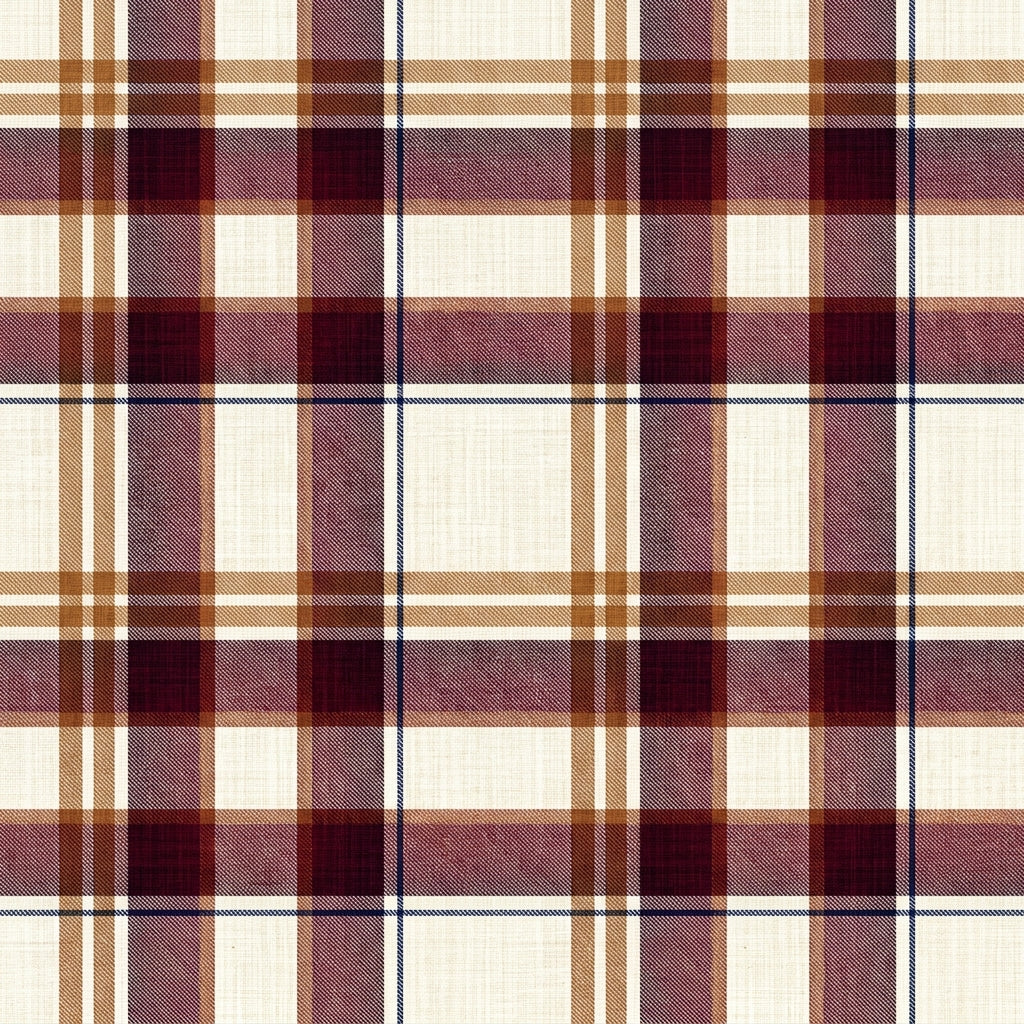 Burgundy plaid wallpaper with wine red and gold stripes and navy hairlines on a cream linen-look background.
