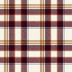 Burgundy plaid wallpaper with wine red and gold stripes and navy hairlines on a cream linen-look background.