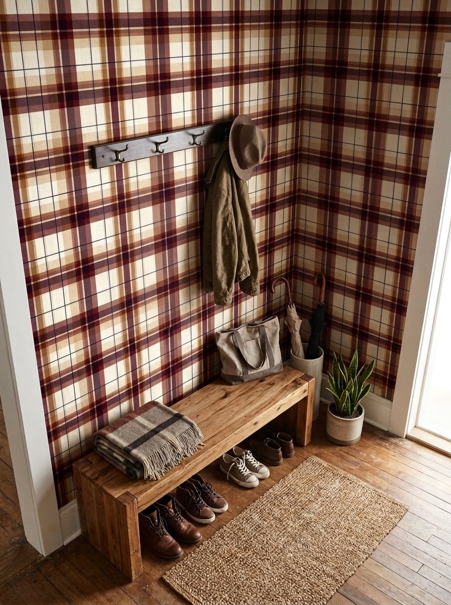 Burgundy and caramel tartan wallpaper in an entryway.