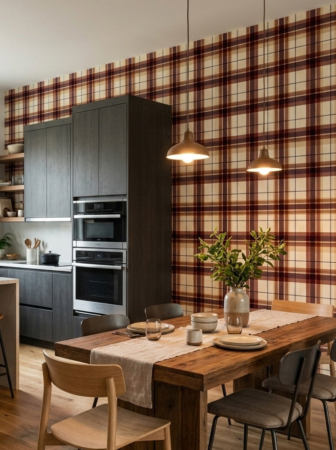 Burgundy and caramel tartan wallpaper in a kitchen.