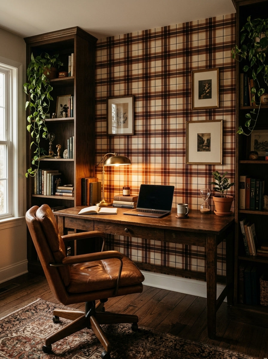 Burgundy and caramel tartan wallpaper in a home office.
