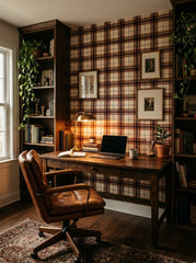 Burgundy and caramel tartan wallpaper in a home office.