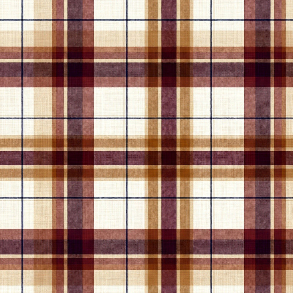 Tartan wallpaper with burgundy, caramel and navy lines forming a dense plaid on a cream background.