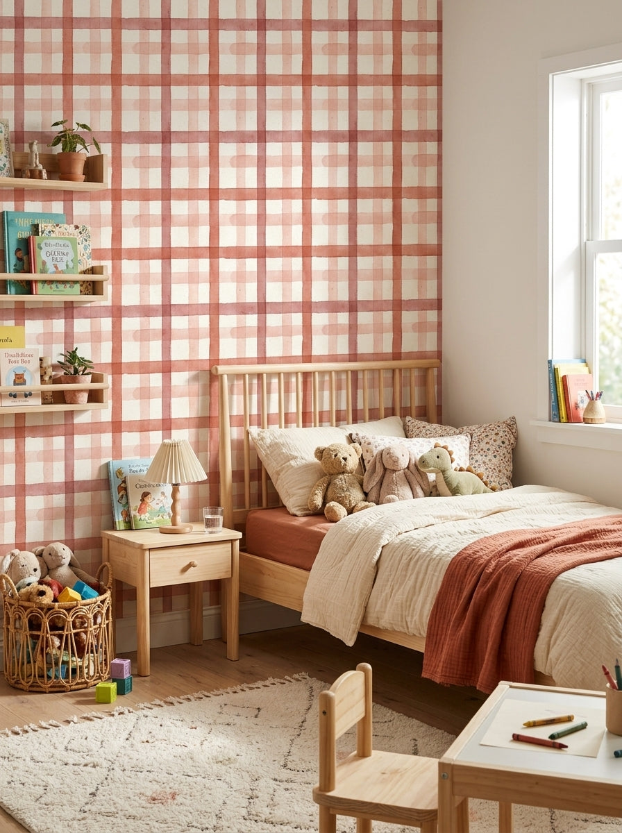 Red watercolour plaid wallpaper in a kids’ bedroom.