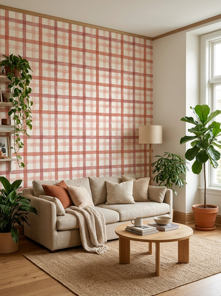 Red watercolour plaid wallpaper in a living room.