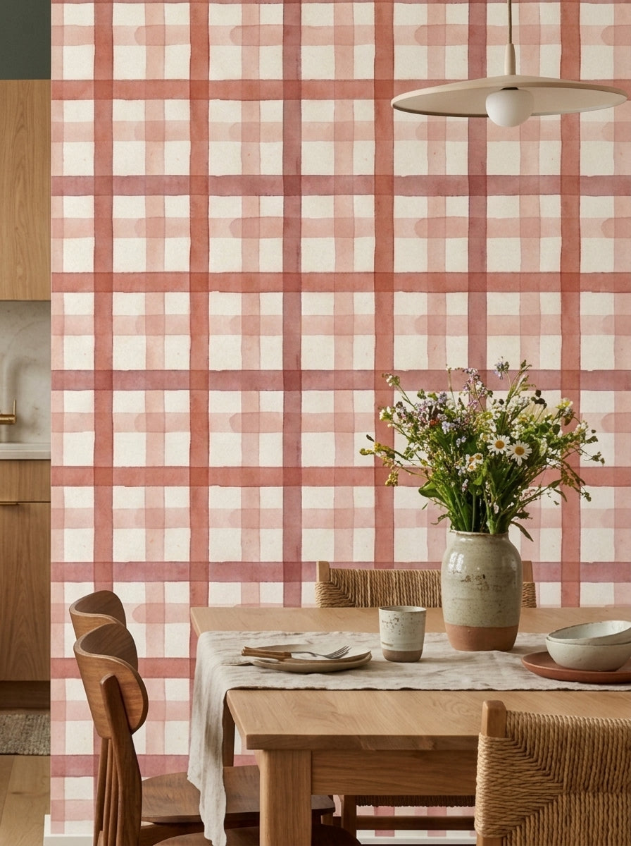 Red watercolour plaid wallpaper in a dining area.