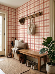 Red watercolour plaid wallpaper in an entryway.