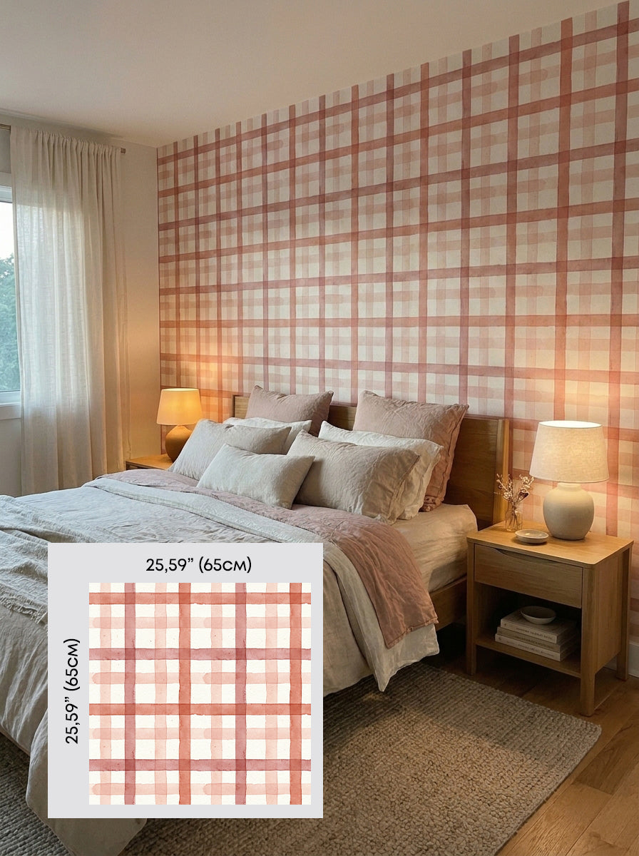 Red watercolour plaid wallpaper in a bedroom, shown with a 65 cm (25.6 in) pattern sample.