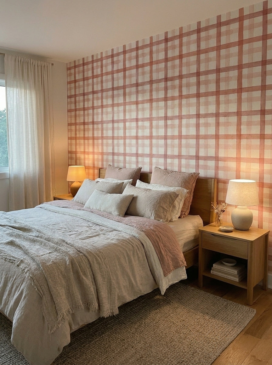Red watercolour plaid wallpaper in a bedroom.